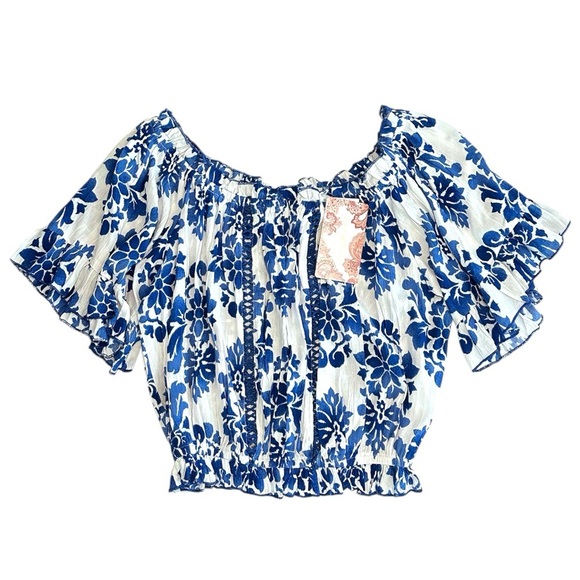 Band of the Free Off-Shoulder White Blue Floral Boho Lula Cropped Top- Small - Picture 4 of 8